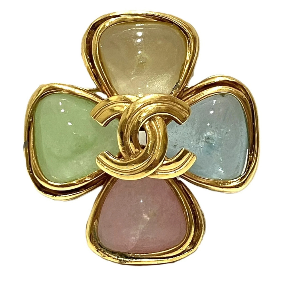 Chanel Coco Mark Clover Colored Stone Brooch 96P Accessory, Total Weight 24.2...